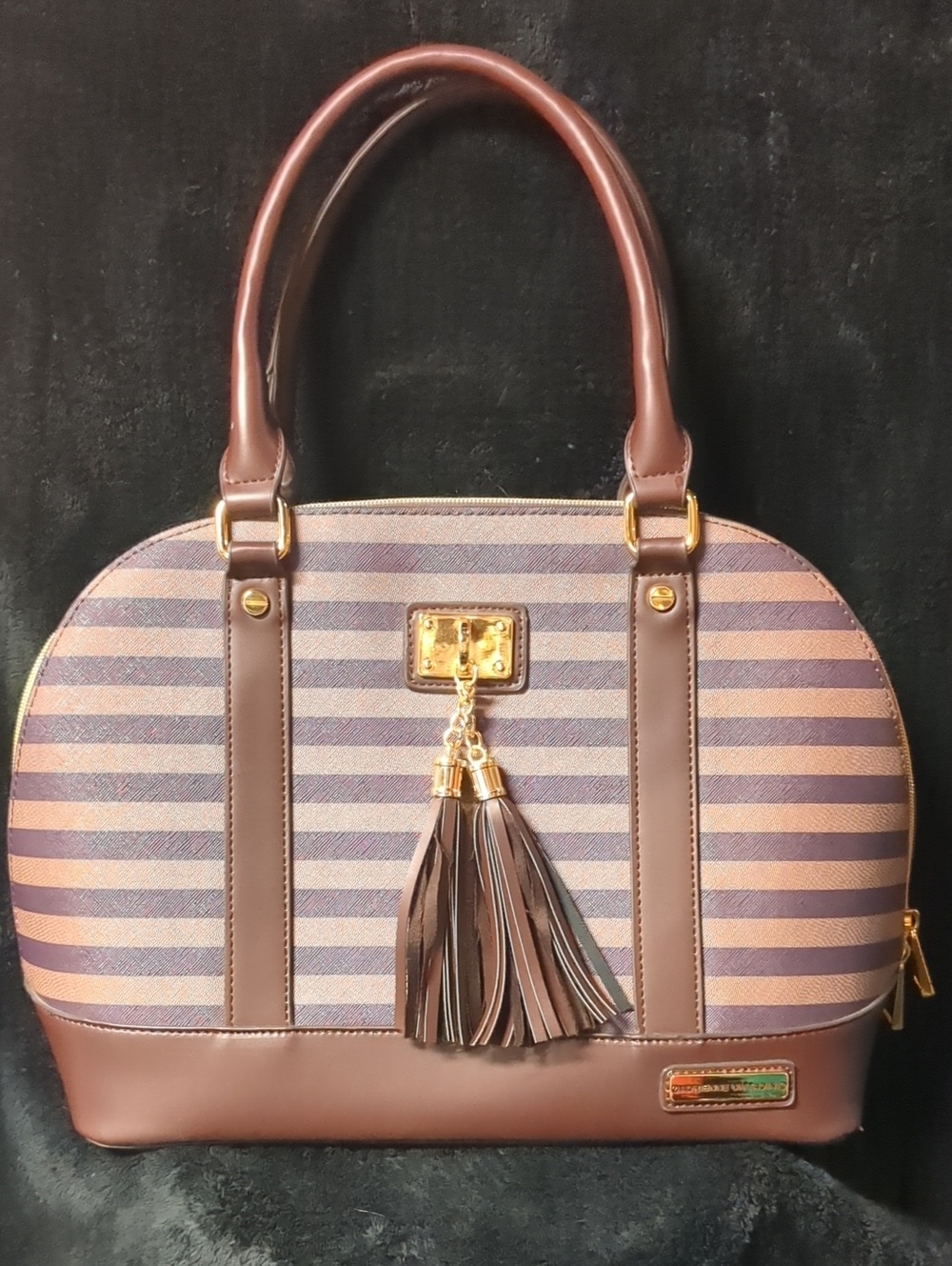 Striped Deep Purple Dome Satchel with Tassel Accent